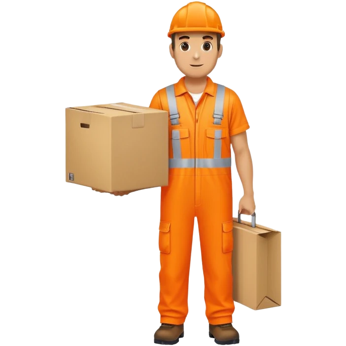 man standing sideways, wearing orange hi visibility overalls, carrying a box emoji