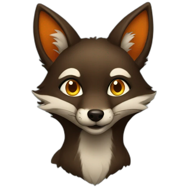 a small dark brown fox with orange eyes with a dark green hood that smile emoji