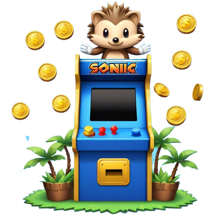 An icon showing a retro arcade screen with pixelated characters like a speedy hedgehog Sonic jumping and collecting coins. The game environment includes obstacles, power-ups, and vibrant colors, evoking the excitement and nostalgia of classic arcade games. transparent background. emoji