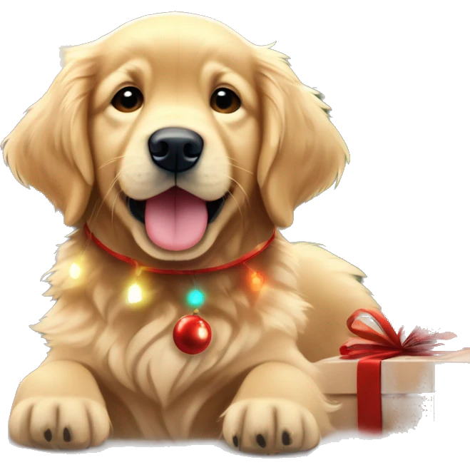 Golden retriever puppy cute with reindeer antlers and a red nose in front of a decorated Christmas tree with Christmas lights ￼ emoji
