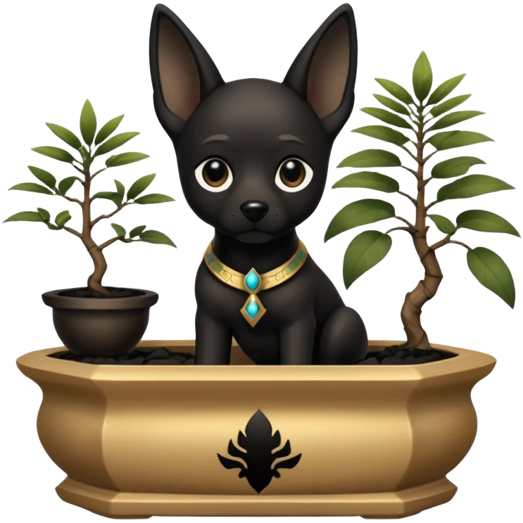  Relaxing black fur Anubis tiny statuette puppy badly-cracked bonsai pot  emoji