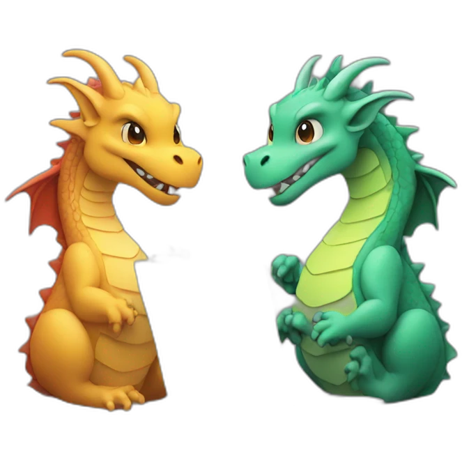 two dragon friends different colors looking at a laptop emoji