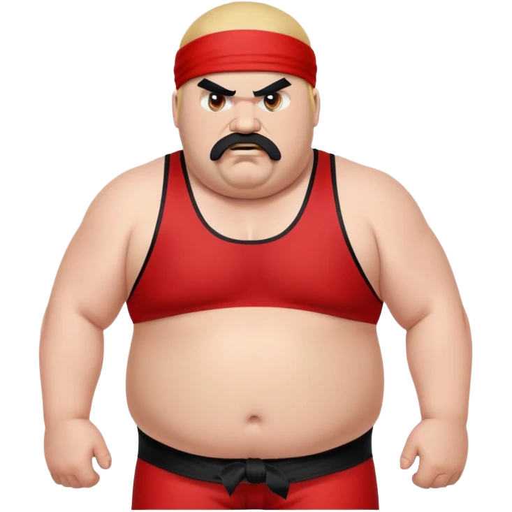 Close-up of morbidly obese white skin guy with young face, prominent BLACK DURAG tied clearly on head, distinct black beard and mustache, no muscle, black eyes in a red and black wrestling singlet with angry face emoji