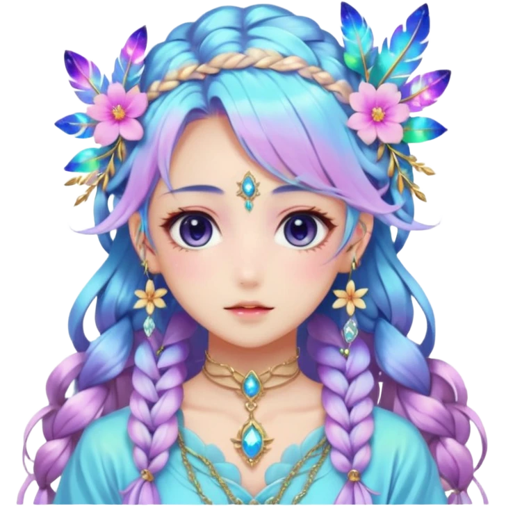 Beautiful gorgeous anime lady with beautiful iridescent-nebula-braided-hair, fashion aesthetic, ethereal, fairycore, pastelcore, feathers, flowers, gems, accessories, jewelries, gold, colorful emoji