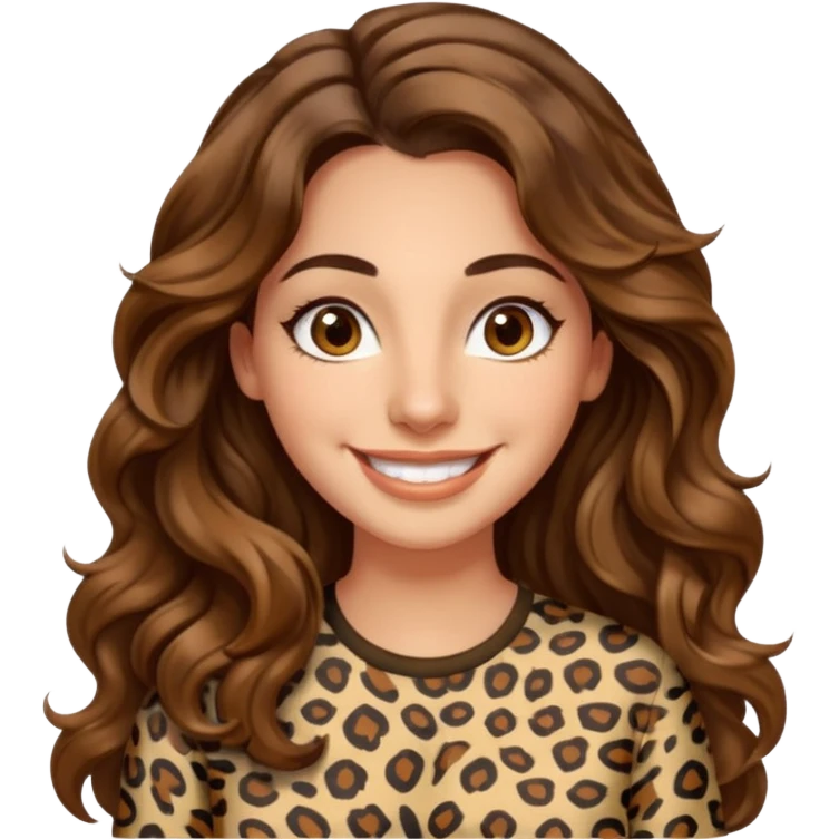 30 yr old italian woman, long brown wavy hair, big brown eyes, huge smile, animal print shirt, no bangs,  emoji