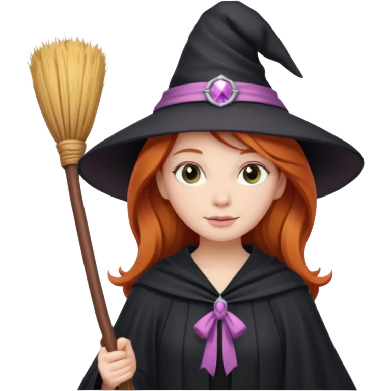 Ginger long hair lady witch with soft pink broom emoji