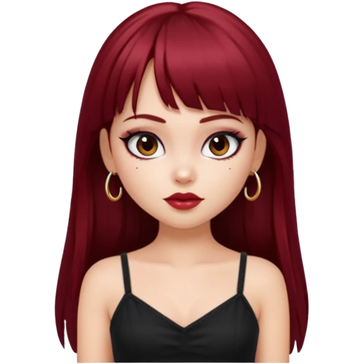 generate a pretty bratz girl in black cami top, dark red straight long hair with bangs, eyeliner on, 

 emoji