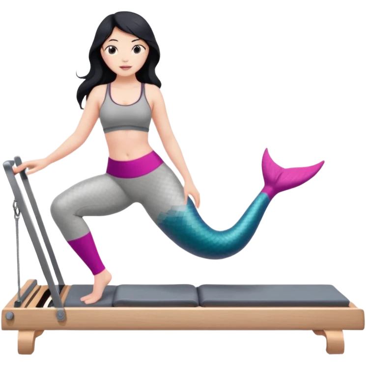 Create a Pilates emoji: a girl with fair skin and black hair, wearing a grey bra and grey leggings with pink pilates socks, doing  mermaid on a wooden reformer. Make it look at the reformer. Make the colors neutrals. emoji