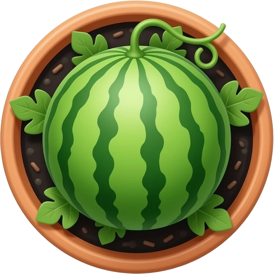 a cute pot with same black dirt and a very big vine and watermleon bigger than the pot  with more leaves . no fruits in it, show the dirt and vine  from the hight point of view and still see the pot emoji