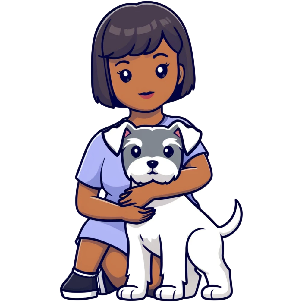 Black girl with short bangs holding a white schnauzer dog emoji