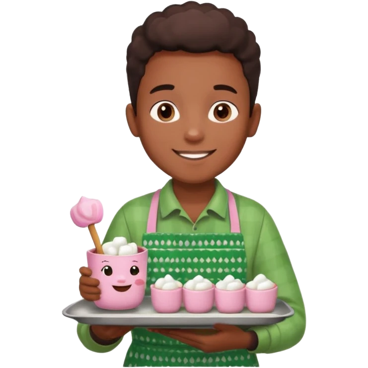 A young black vendor boy with pink cheeks, holding a tray of marshmallow-topped cocoa wearign green patterned apron emoji