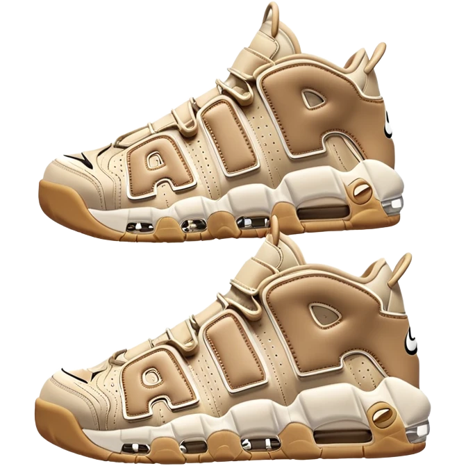 A pair of beige Nike Air More Uptempo sneakers in iOS emoji style, with left and right shoes positioned with one slightly behind the other, featuring minimalist design with the iconic AIR lettering on sides emoji