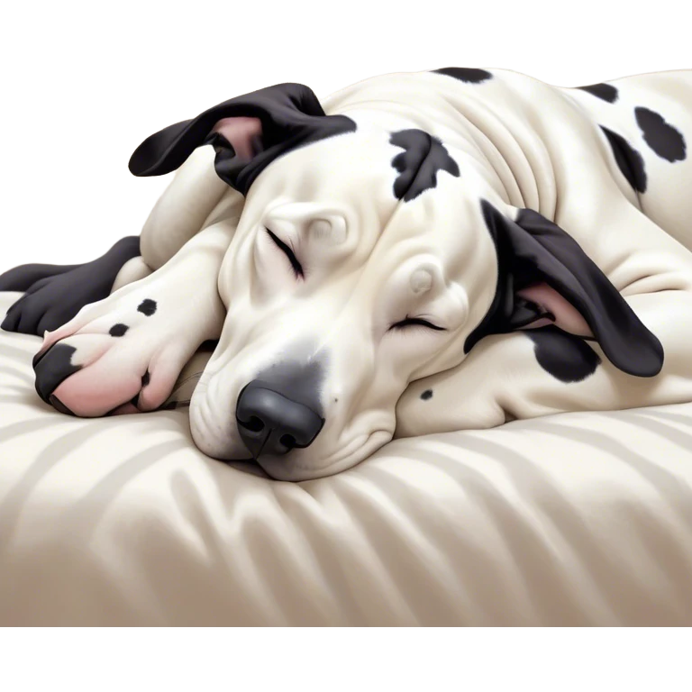 Meme-Worthy Cute Sleeping Harlequin Great Dane Portrait Emoji, Head resting peacefully with a contented smile, showcasing a delightfully majestic build and a luxuriously soft coat of predominantly white with bold black patches, eyes shut in a serene nap, Simplified yet hilariously adorable features, highly detailed, glowing with a soft, drowsy light, high shine, relaxed and utterly lovable, stylized with an air of playful laziness, bright and heartwarming, soft glowing outline, capturing the essence of a comically sleepy guardian, so meme-worthy it feels like it could instantly become the next viral sensation of adorable slumber! emoji