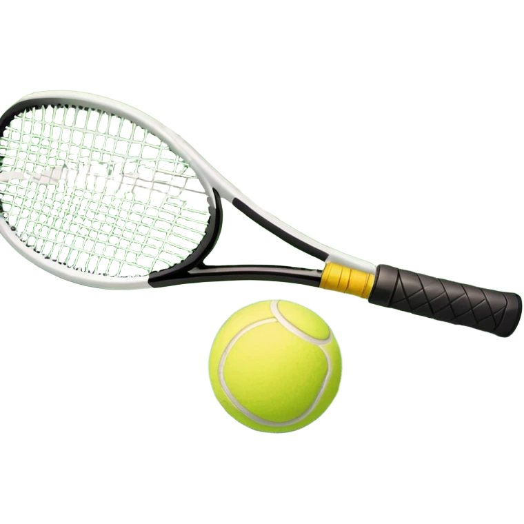 A tennis racket and a ball placed on the ground, with a tennis court in the background. The court lines and net are visible, emphasizing the structure and focus of the sport, creating a dynamic and energetic vibe. emoji