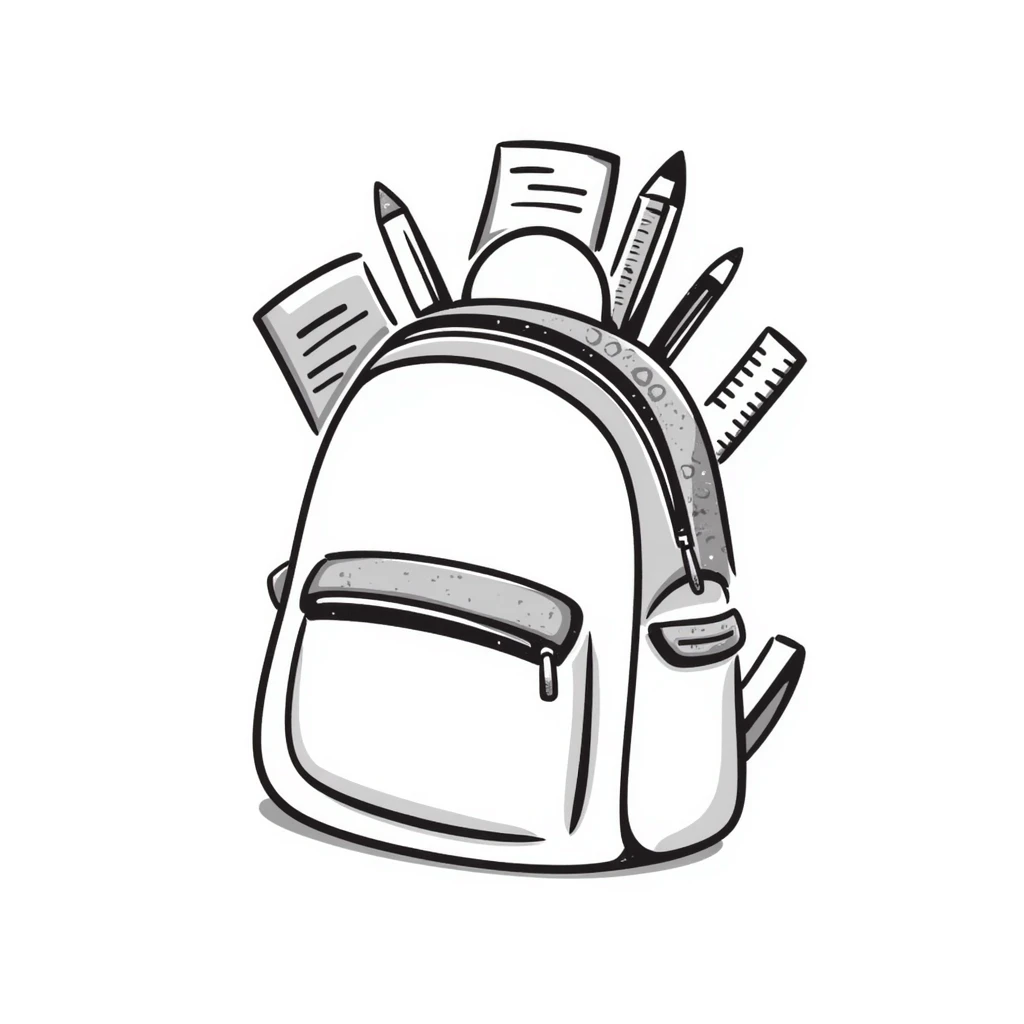 a backpack with pockets, zippers, and straps, containing school supplies like notebooks, pencils, and rulers peeking out, in pastel colors dd9fb0, ffc6d3, a3bfc9, c4bee2, f1b091, detailed hand-drawn doodle style emoji