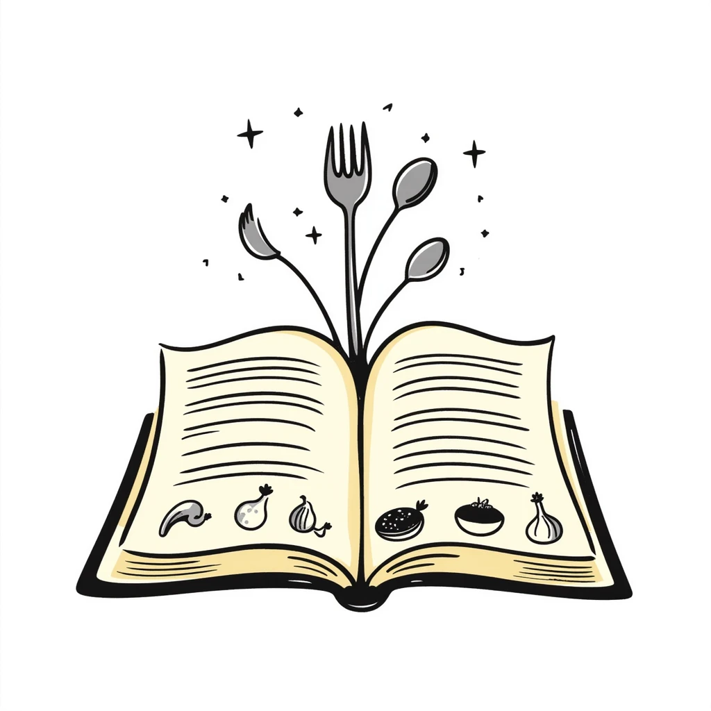 Whimsical enchanted cookbook with magical fork and spoon emblem that's animated with sparkling fairy dust, magical recipe collection emoji