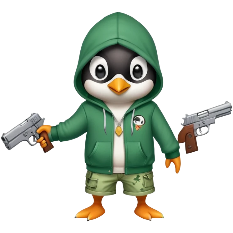 A cute half-dolphin half-penguin thug with a gun, wearing a blood-stained green hoodie and Dollar General shorts emoji