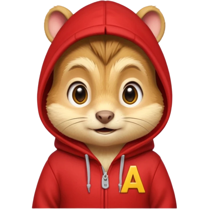 Portrait of a cartoon chipmunk with light brown and beige fur, wearing a red hoodie with a yellow 'A' on it, big round eyes, small nose, and a mischievous grin, front-facing, stylized in animated movie style emoji