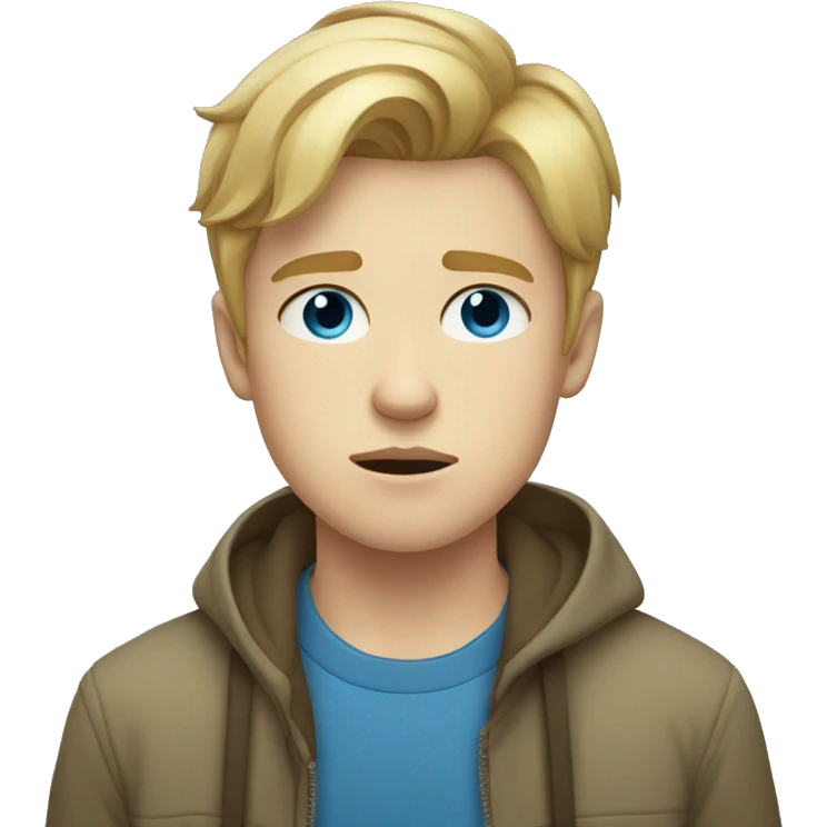 Blond teen boy with medium short hair, blue eyes, glum emoji