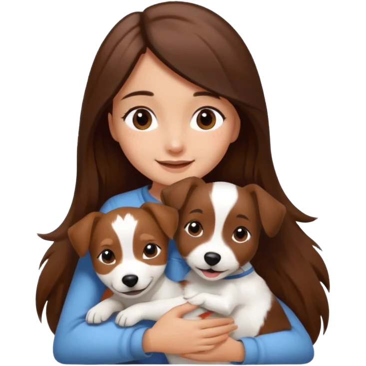 a girl and her dog, one little jack russell coloured dark brown and white. She hugs it. She has long hair.  emoji