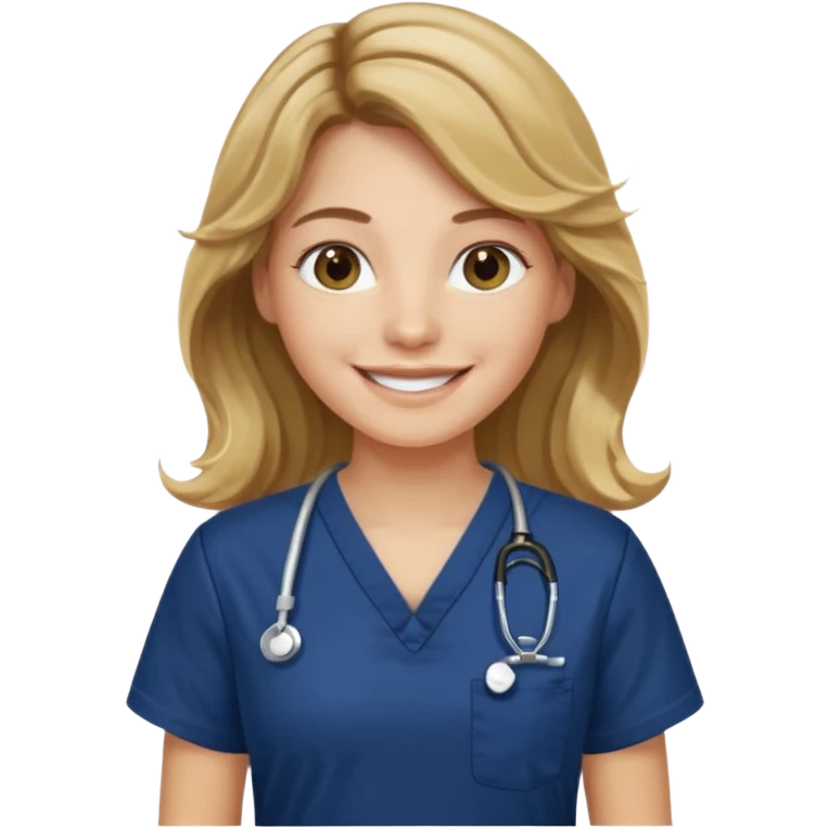 Long wavy brown hair with blonde highlights and a navy blue scrub top smiling emoji