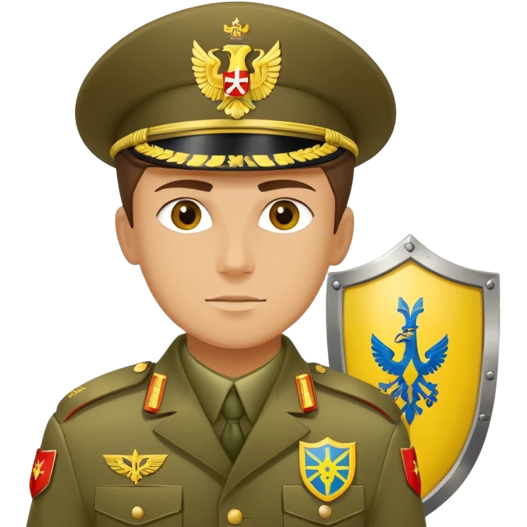 Ukrainian military against the background of the shield, the shield has two colors: the evil one is yellow on the right, the beast is written in the Latin alphabet 34 OMПБ emoji