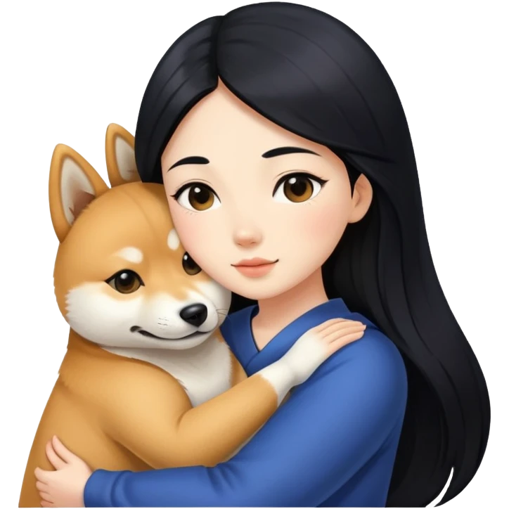 A beautiful girl with long black hair hugs a Shiba Lnu dog emoji
