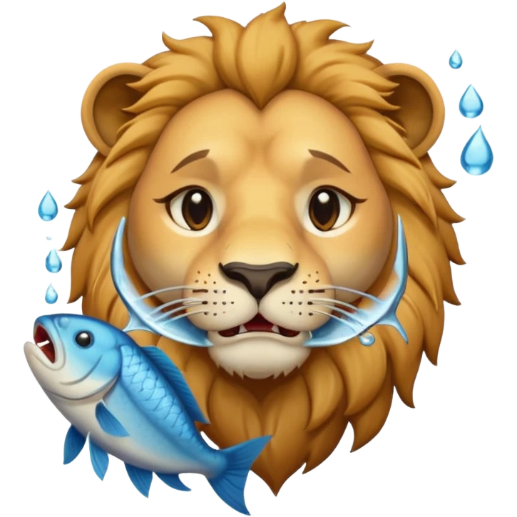  A lion eating a fish, feeling sad, cry, tear falling from eyes, portrait, bust up emoji