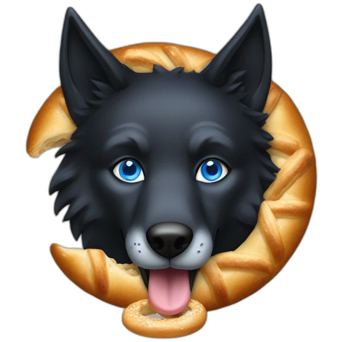 a full black wolf with blue eyes eats a bretzel emoji