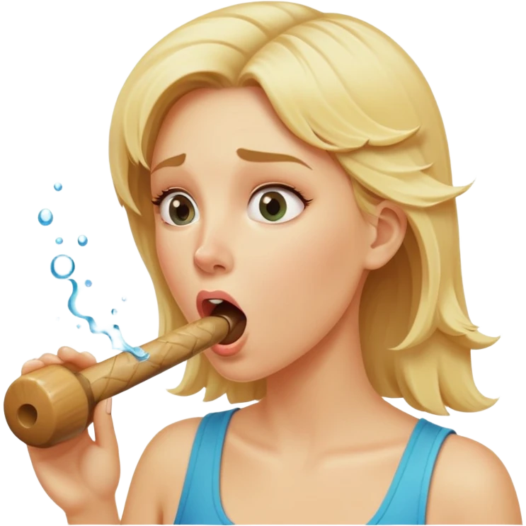 blond woman biting a wide stick with a D-shaped knob, both same color as her skin, knob with visible skin texture, water jet shooting from flat side of knob into her mouth, surprised look emoji