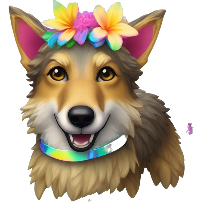  brindle fluffy lurcher Alsatian fox running blue eyes fluffy ears and iridescent holographic oilslick harness wearing paper iridescent tropical flower crown yellow caution tape neon sign emoji