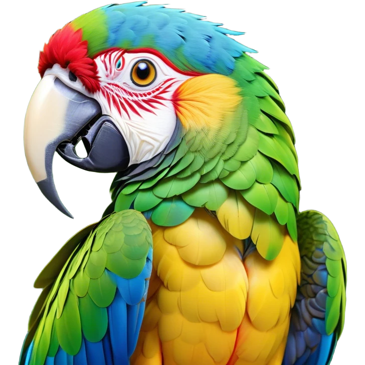 Cinematic Noble Macaw Portrait Emoji, Poised and regal, with vibrant, iridescent feathers in a spectrum of brilliant colors and sharp, intelligent eyes, Simplified yet sharp and sophisticated features, highly detailed, glowing with a soft, tropical radiance, high shine, majestic and graceful, stylized with an air of exotic elegance, focused and alert, soft glowing outline, capturing the essence of a watchful and confident avian guardian that seems ready to soar out of the screen with effortless authority! emoji