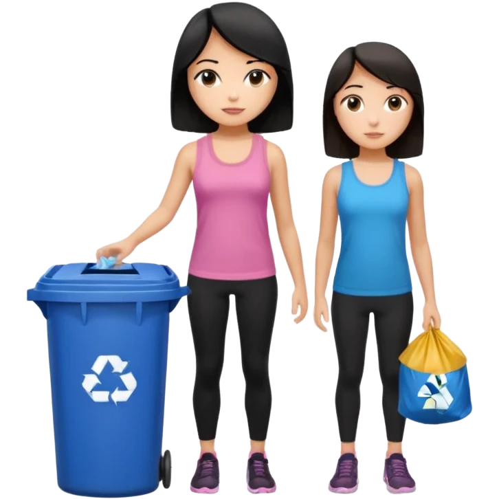 generate a genmoji of a black haired girl in a pink tank top and black leggings holding a black trash bag. Standing with her is a brunette girl in a similar blue tank top and black leggings.
Standing in front of a dustbin emoji