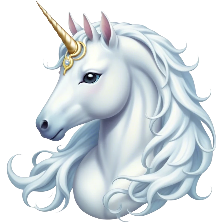 Beautiful and Majestic White Unicorn Portrait Emoji, Head and body exuding serene brilliance with a luminous, flowing mane and a gracefully spiraled horn, eyes gently closed in peaceful reverie, Simplified yet exquisitely enchanting features, highly detailed, glowing with a soft, celestial light, high shine, serene and utterly majestic, stylized with an air of timeless fantasy, soft glowing outline, capturing the essence of a beautiful and majestic white unicorn that embodies the pure magic of legend! emoji