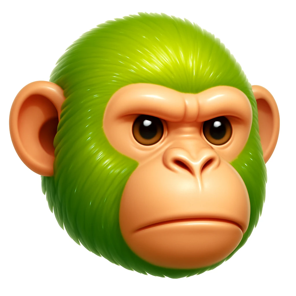 Create a chimpanzee emoji that looks exactly like the reference image in iOS emoji style. The emoji should have 3D appearance, shiny surface, smooth gradients, soft shadows, and realistic green fur on the chimpanzee face with a classic emoji look. Add a glossy effect to the fur. emoji