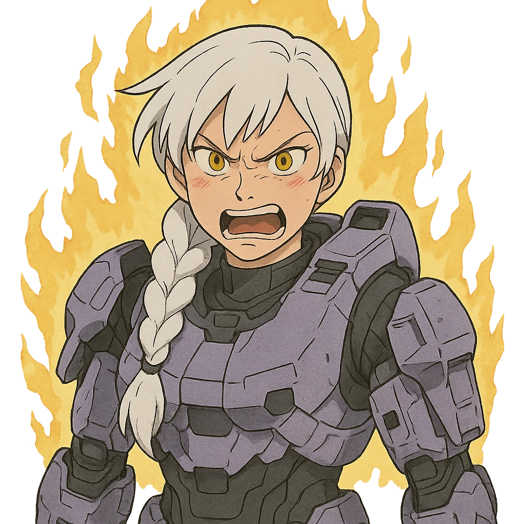 making an angry scowl rage face, rage aura,  female, wearing reach spartan armor shoulder-unequip, long white braid hair with massive messy front side single bangs, gold yellow eyes, attention pose, D-cup size, HALO:series, no helmet, the armor is lavender color scheme, emoji
