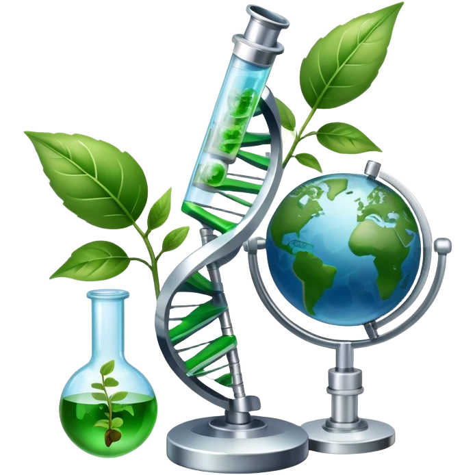 An icon featuring a DNA helix, a microscope, and a plant leaf, symbolizing biology. The design includes animal cells, a test tube, and a globe, representing the study of life forms, ecosystems, and genetics. Transparent background highlights the exploration of living organisms. emoji