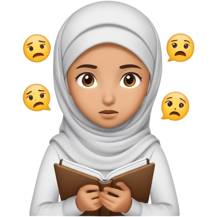 Muslim girl writing in notebook with difficulty, with confusion, emoji question emoji