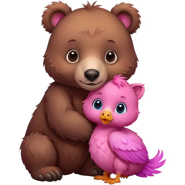 A cute realistic brown bear and a realistic cute pink dodo closely together. In the middle a brown kitten emoji