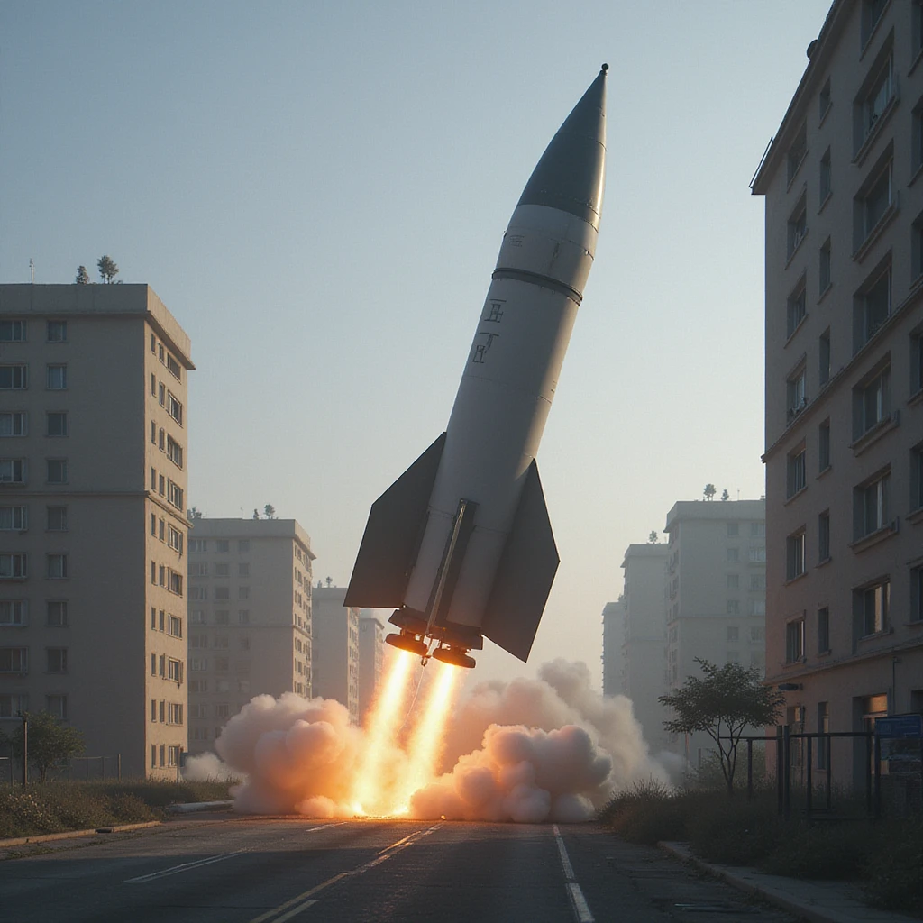 realistic ballistic missile, Photorealism, in an urban landscape emoji