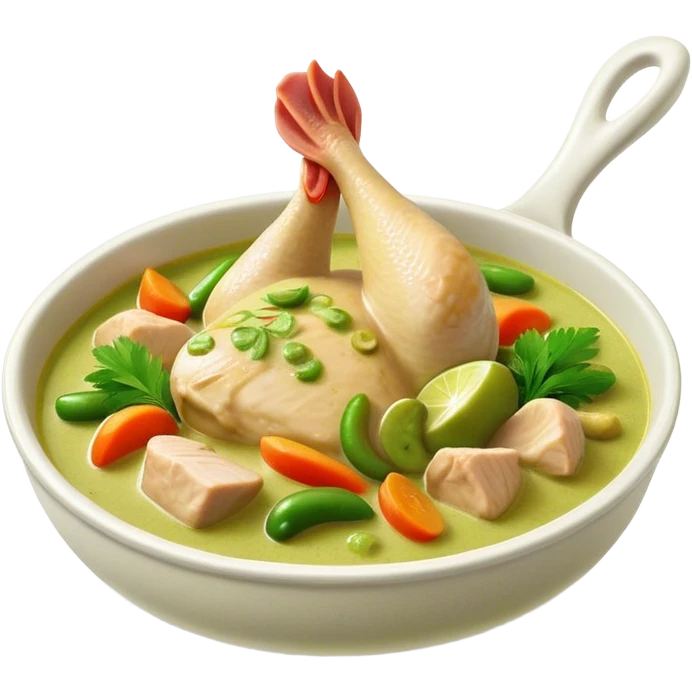Cinematic Realistic Green Chicken Curry Dish Emoji, depicted with tender chicken simmered in a fragrant green curry sauce with vegetables rendered with rich textures and dynamic, vibrant lighting. emoji