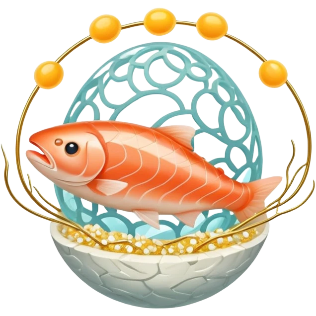 A sparkling crystal brain surrounded by pieces of salmon, a golden egg yolk, and fermented soy floating in a spiral. Thin light beams connect from these foods to glowing points on the brain surface, creating a circuit of expanded focus. emoji