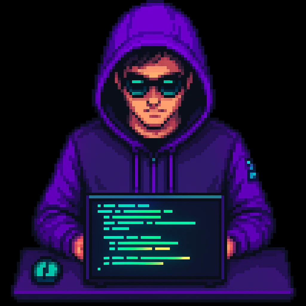 Make the pixel art hacker actively coding on a laptop, with glowing code on the screen, keep the pixel art style emoji