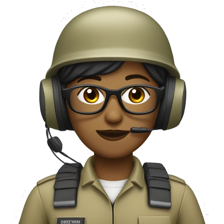operator dressed in khaki color with a milatary helmet, with glasses, with headset, preferably female black emoji