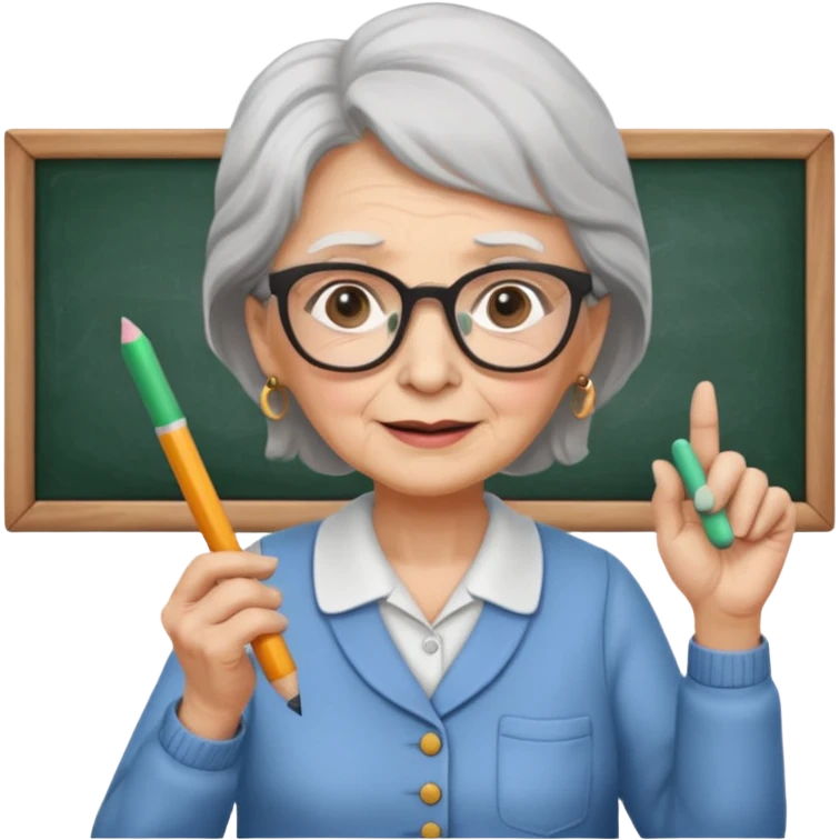woman teacher, old, wearing glasses, hold chalk on hand emoji