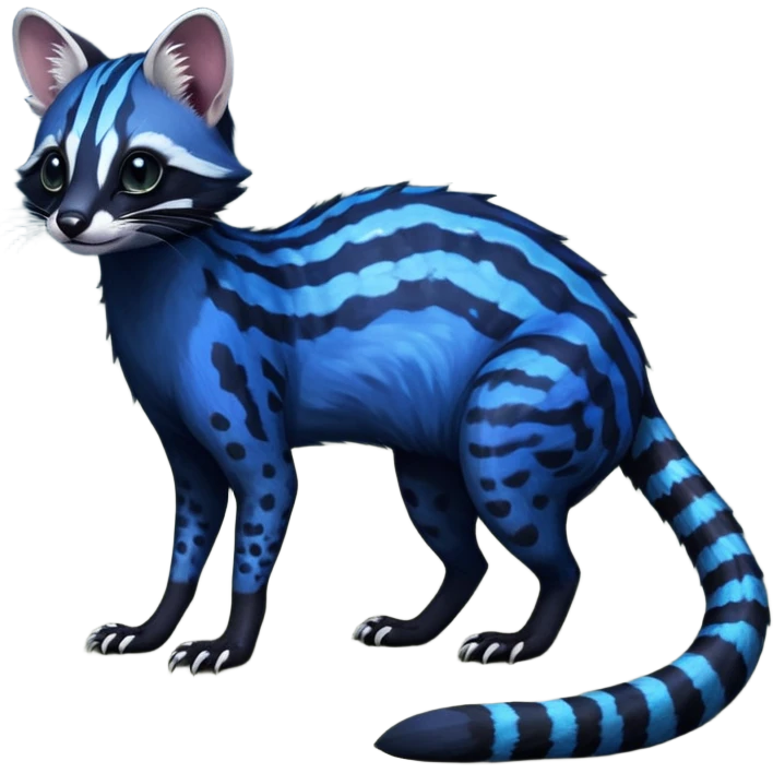 Feral Rare Fantasy iridescent scaly evil spooky vibrant dark shady shaded detailed deep-dark-cobalt-blue-gradients-colored colorful Genet-Trico-Civet-Cacomistle-Margay-species by LiLaiRa, with dark-blackish points, white belly, random markings, tufted tail, tufted ears, full body emoji