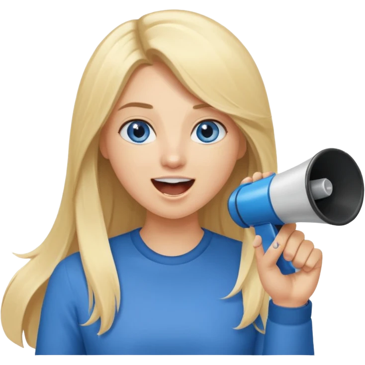  blue eyes blonde girl yelling into megaphone smiling long hair holding up finger emoji