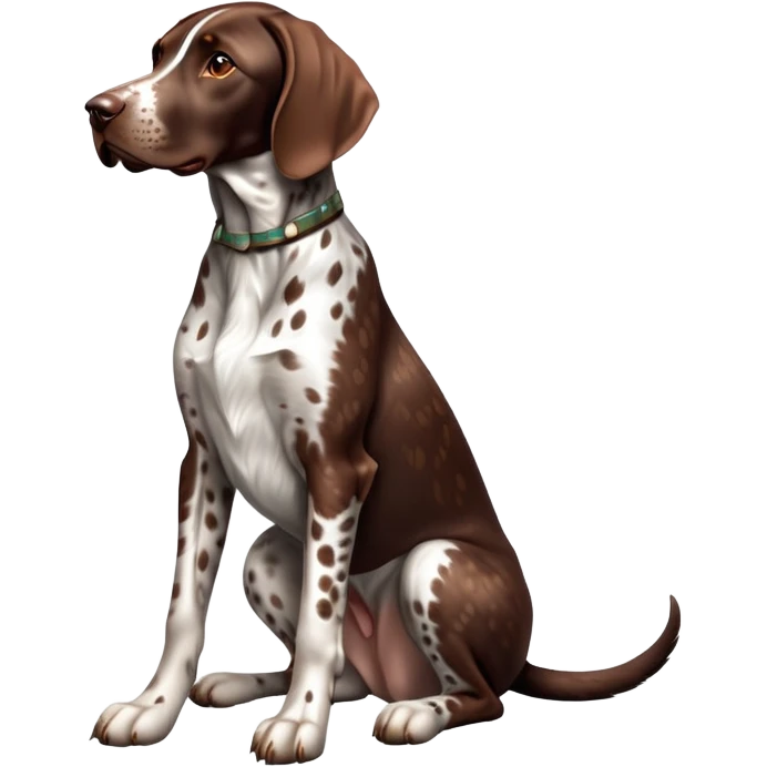 cinematic-[german pointer]-realistic-full-body-sitting-emoji,-tail-resting-loosely-beside-its-paws,-head-tilted-dramatically,-sleek-[brown and white spotted]-fur,-simplified-yet-realistic-focused-features,-highly-detailed,-glowing-with-an-almost-sarcastic-glow emoji