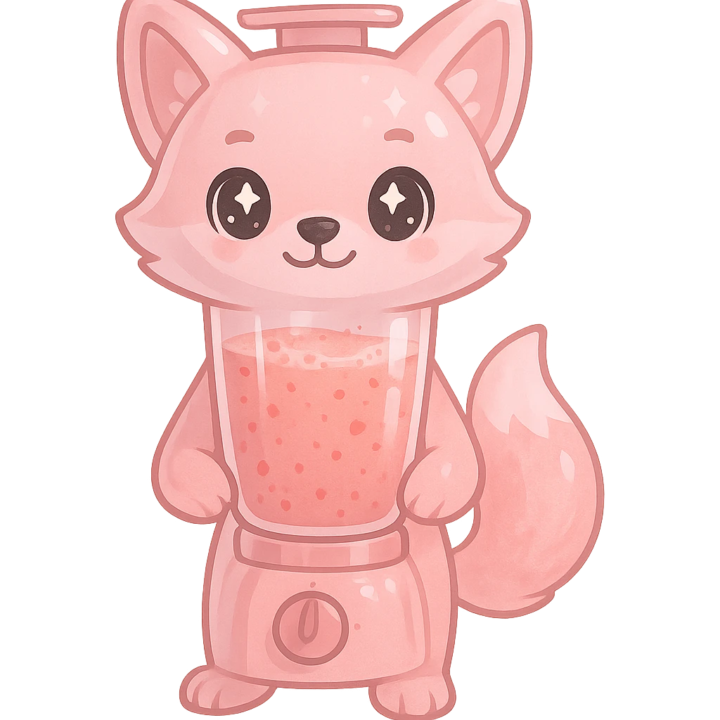 full-body blender fox with see-through body, fruity smoothie inside, sparkling eyes, pastel pink color, transparent background emoji
