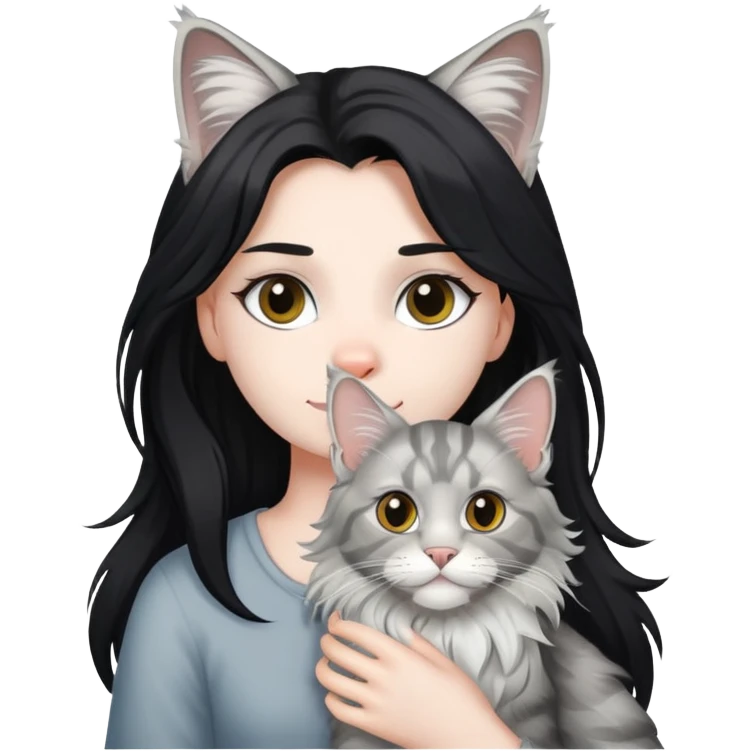 a silver based Maine Coon cat holding a black hair girl emoji